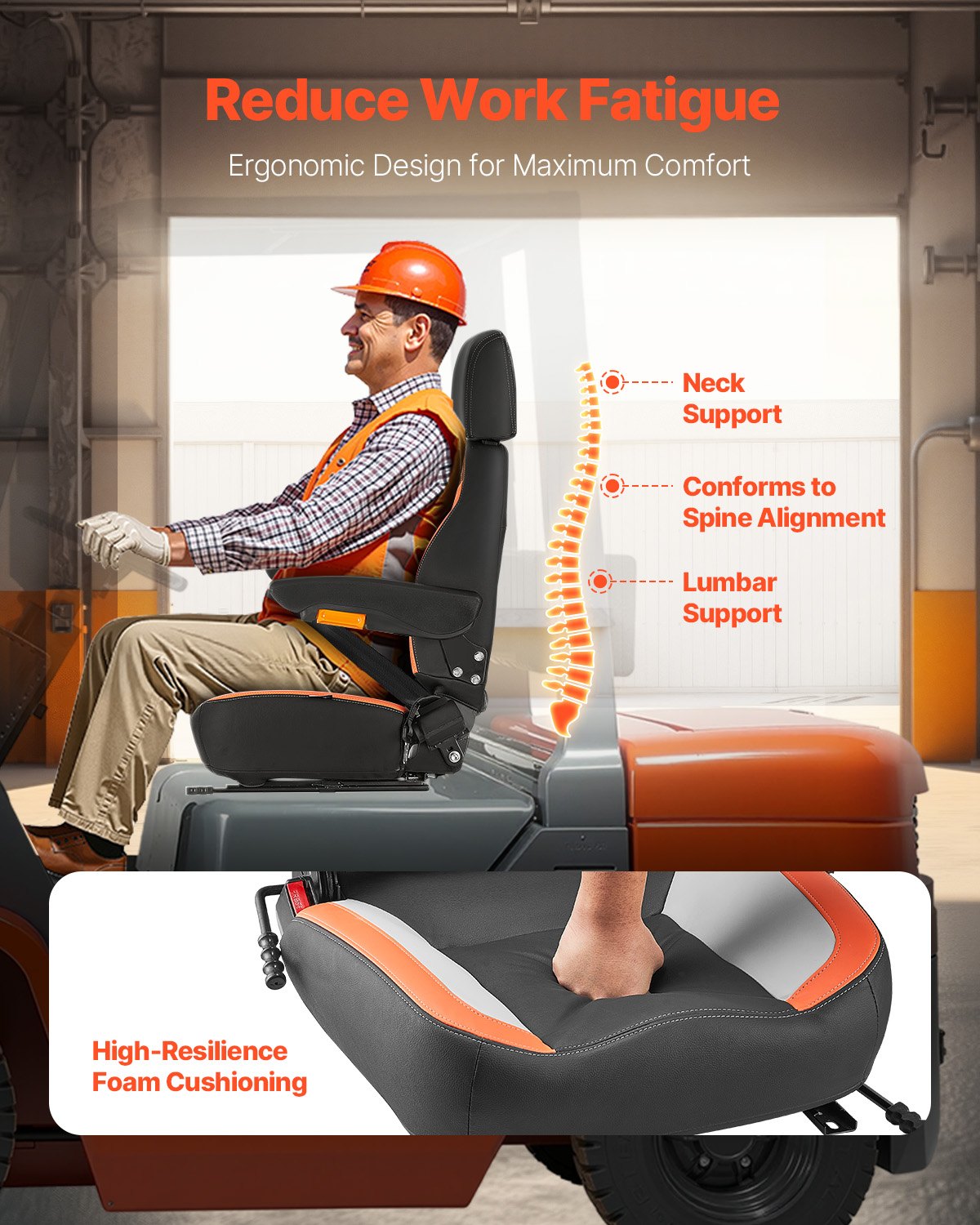 VEVOR Universal Forklift Seat, Tractor Seat with Adjustable Back, Armrest, Headrest & Safety Belt, Secure Tractor Seat with Micro Switch, Ergonomic Lawnmower Seat for Skid Loader Bulldozer