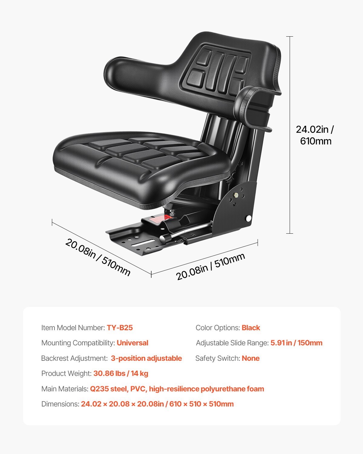 VEVOR Universele Heftruckstoel 61x51x51 cm, Tractorstoel, Tractorstoel, Heftruckstoel, Tractorstoel PVC Kunstleer en Zeer Elastisch Polyurethaanschuim, Ideaal voor Skid Steer Loader Bulldozer