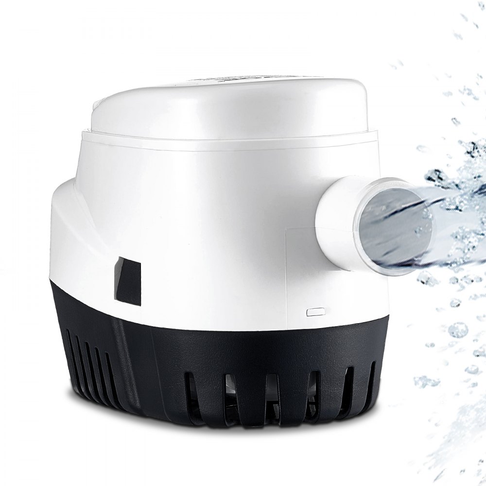 VEVOR bilge pump expelling water with a white top and black base design.