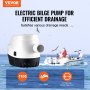 VEVOR bilge pump for efficient drainage, 1100 gph, 4m head, 1.1"/29mm outlet, with boating scene.