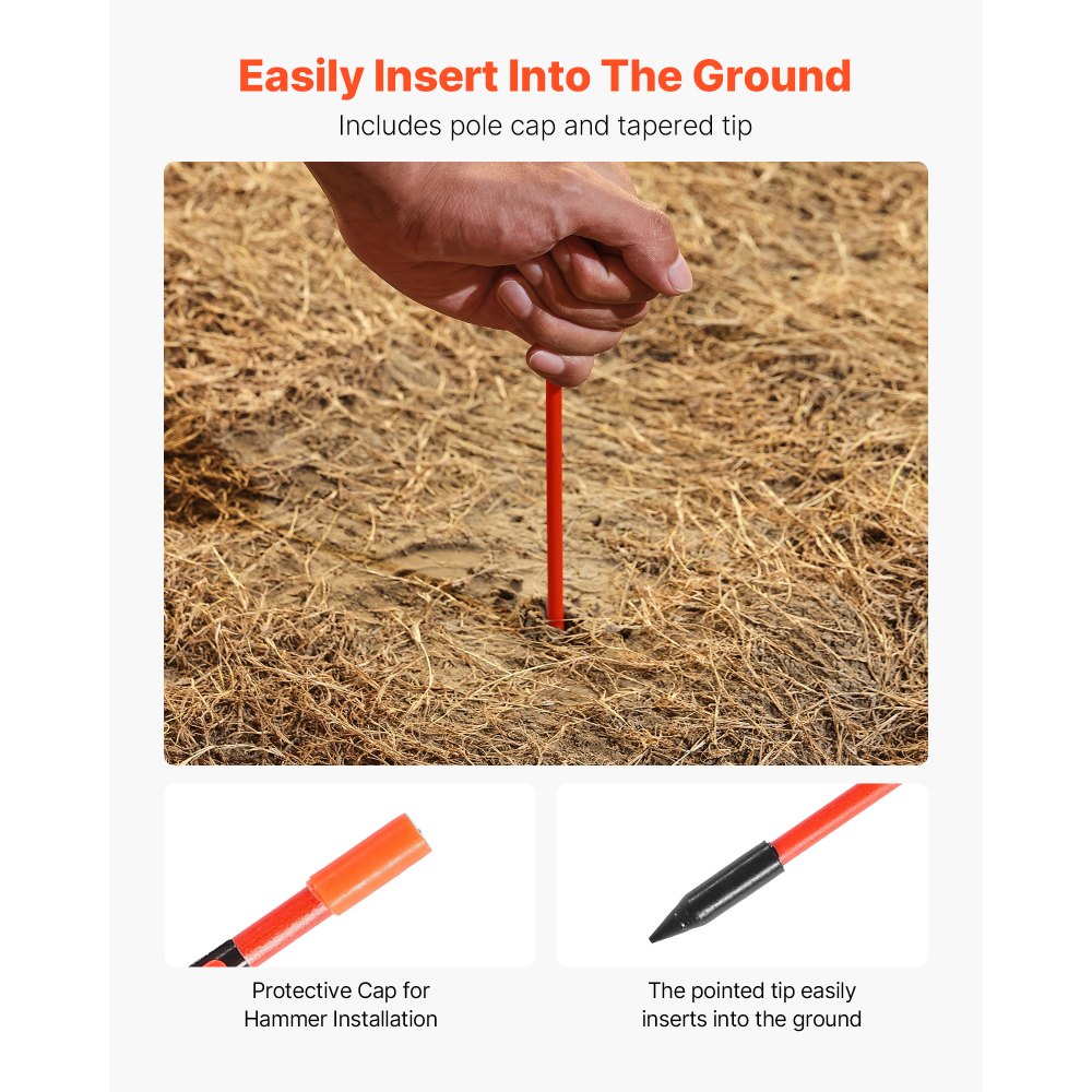 VEVOR Driveway Markers, 500Pcs 48 in Long 1/4 in Dia, Hi-Visibility Driveway Reflectors with 12 in Steel Drill Bits, Reflective Snow Sticks Fiberglass Pole for Parking Lots, Walkways, Snow Plowing