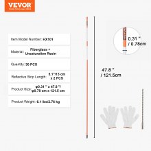 VEVOR Driveway Markers, 30 PCS 48 inch, 0.31 inch Diameter, Orange Fiberglass Poles Snow Stakes with Reflective Tape, 12" Steel Drill Bit & Protection Gloves for Parking Lots, Walkways Easy Visibility