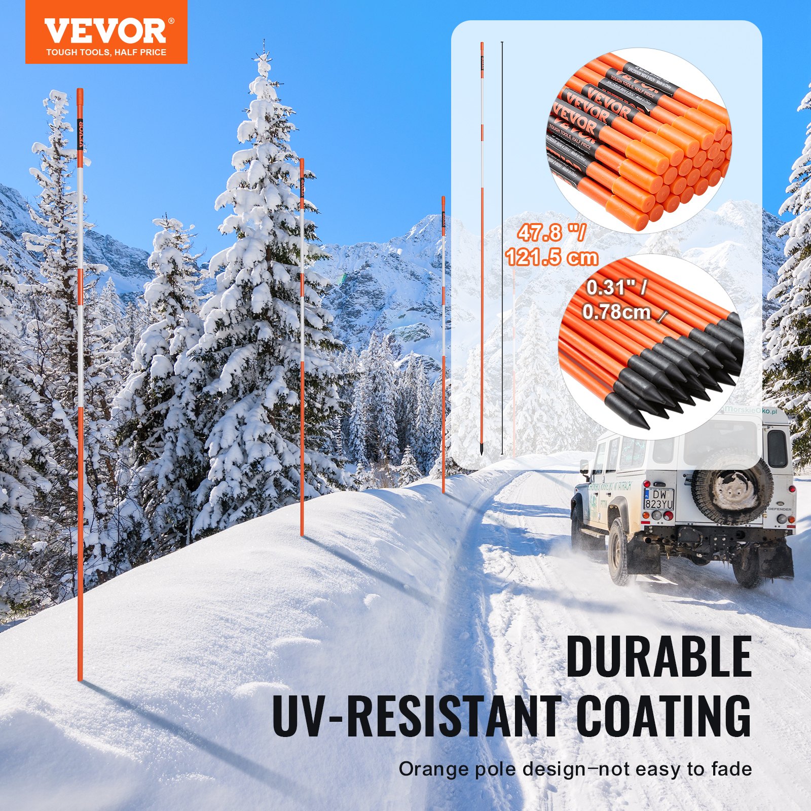 VEVOR Driveway Markers, 30 PCS 48 inch, 0.4 inch Diameter, Orange Fiberglass Poles Snow Stakes with Reflective Tape, 12" Steel Drill Bit & Protection Gloves for Parking Lots, Walkways Easy Visibility