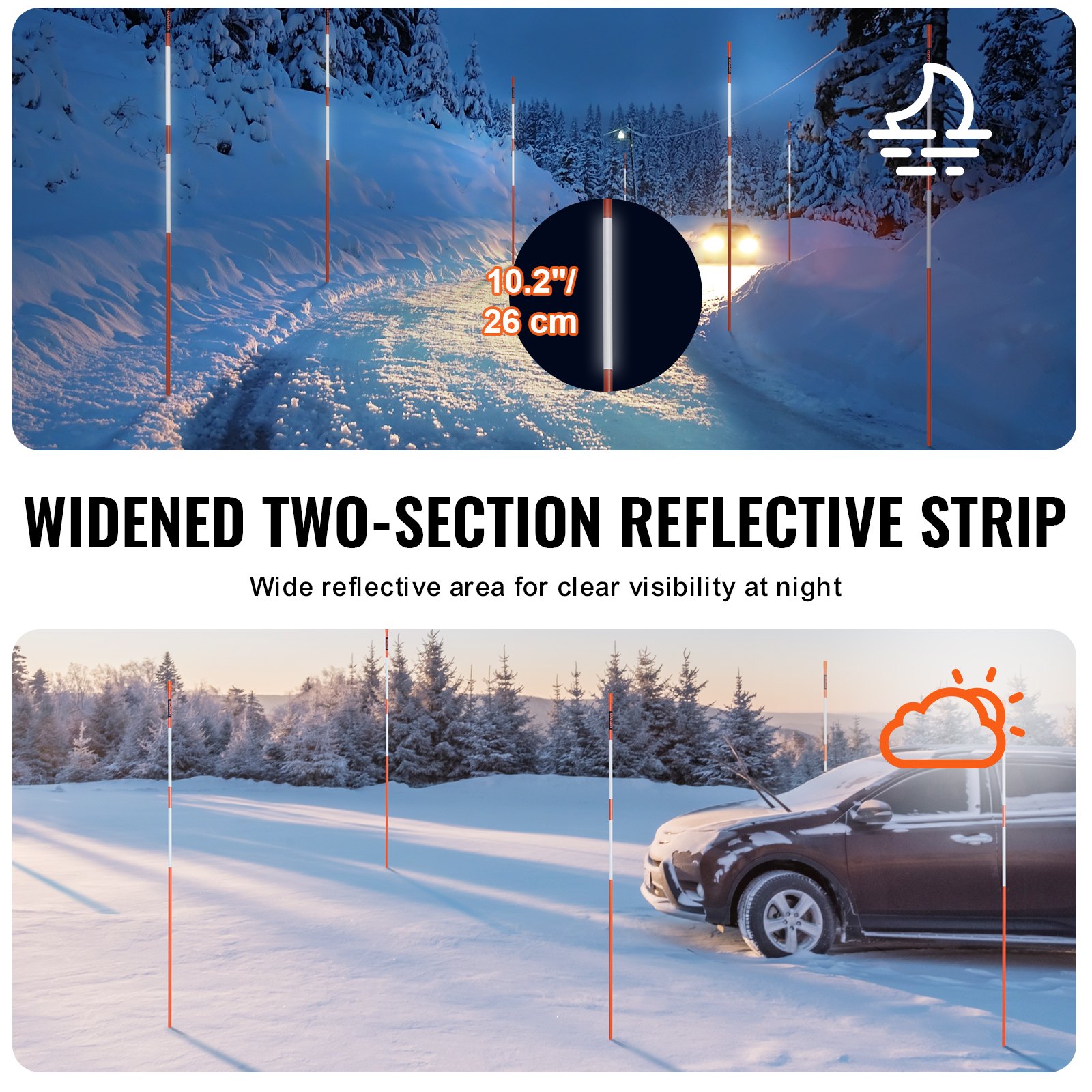 VEVOR Driveway Markers, 30 PCS 48 inch, 0.4 inch Diameter, Orange Fiberglass Poles Snow Stakes with Reflective Tape, 12" Steel Drill Bit & Protection Gloves for Parking Lots, Walkways Easy Visibility