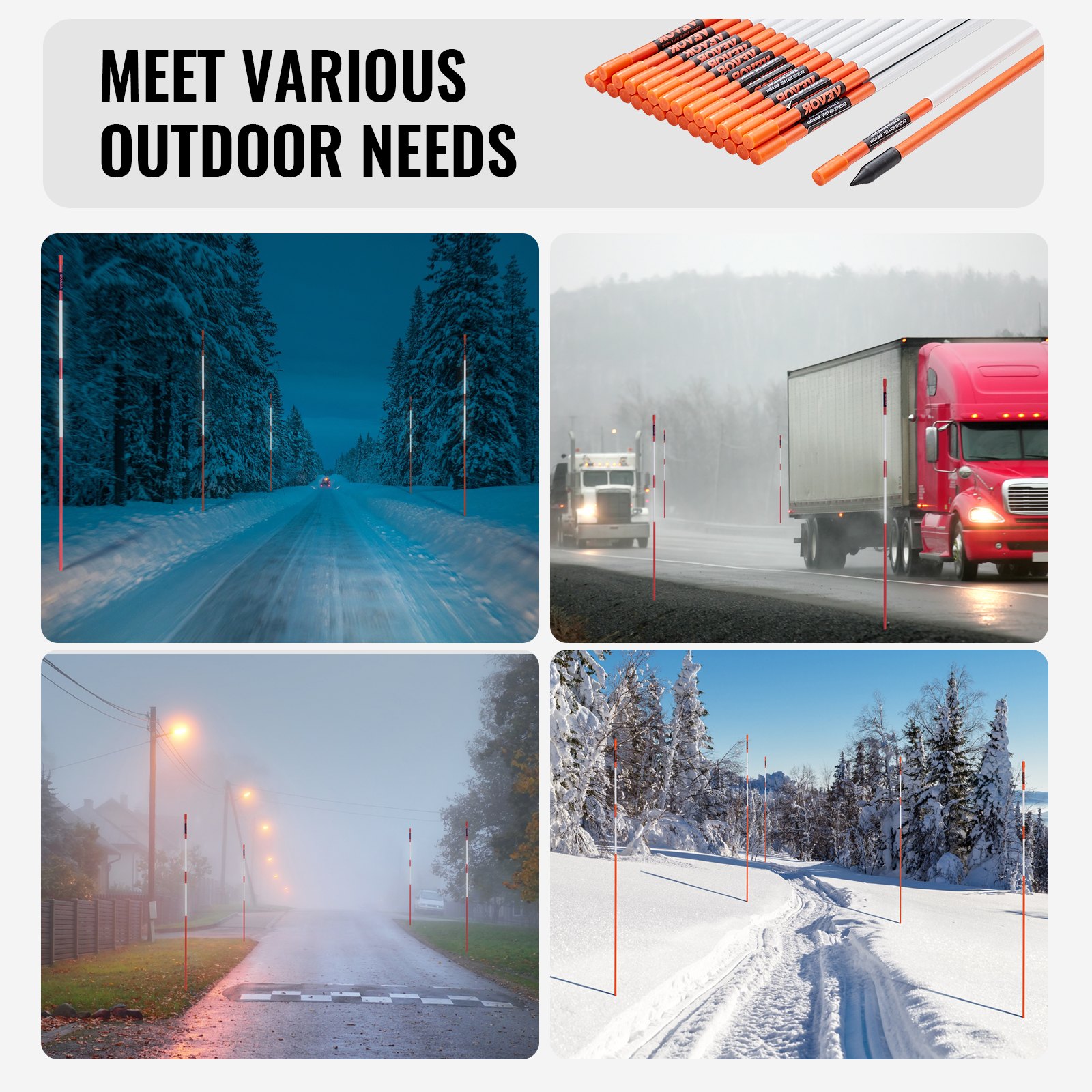 VEVOR Driveway Markers, 30 PCS 48 inch, 0.4 inch Diameter, Orange Fiberglass Poles Snow Stakes with Reflective Tape, 12" Steel Drill Bit & Protection Gloves for Parking Lots, Walkways Easy Visibility