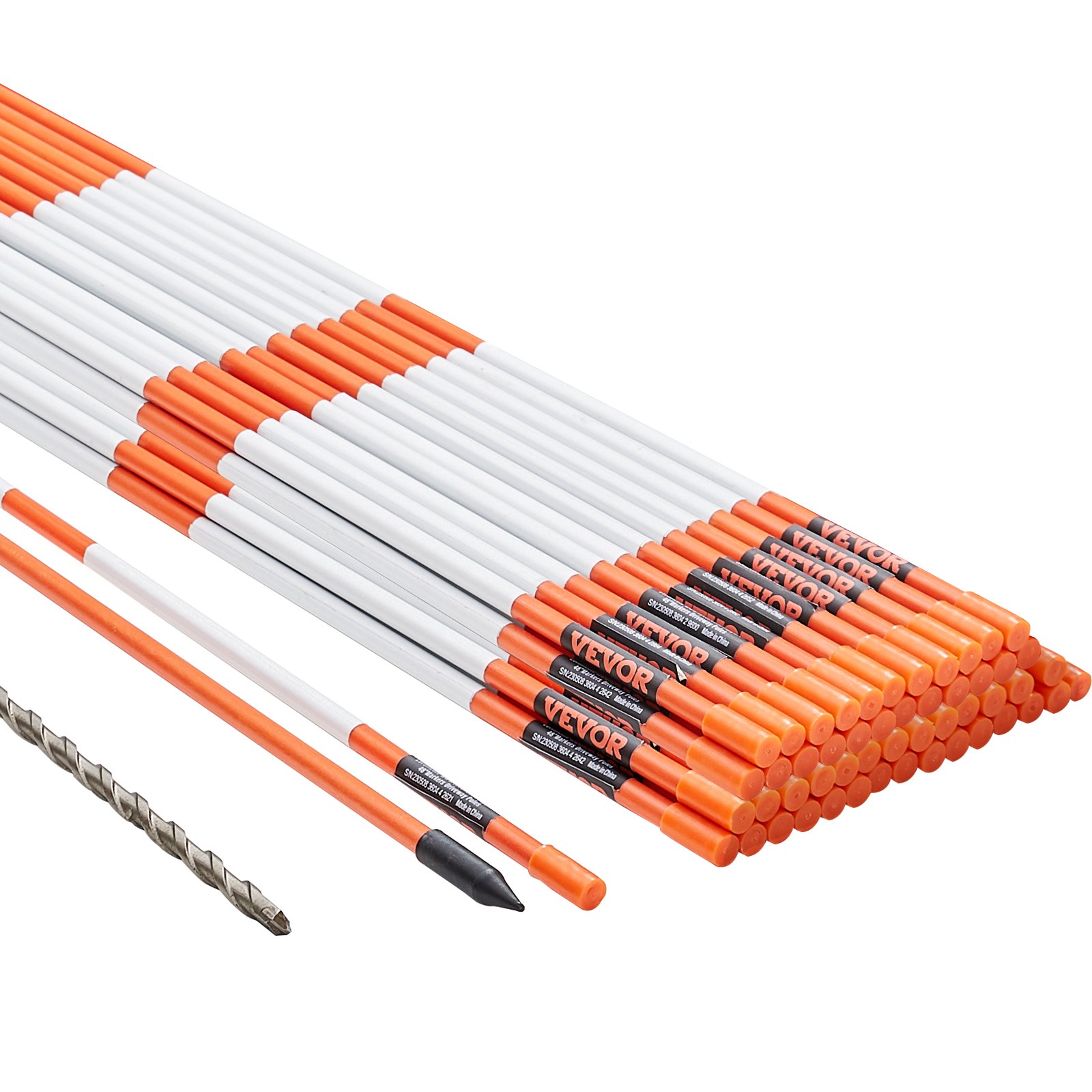 VEVOR Driveway Markers, 50 PCS 48 inch, 0.31 inch Diameter, Orange Fiberglass Poles Snow Stakes with Reflective Tape, 12" Steel Drill Bit & Protection Gloves for Parking Lots, Walkways Easy Visibility