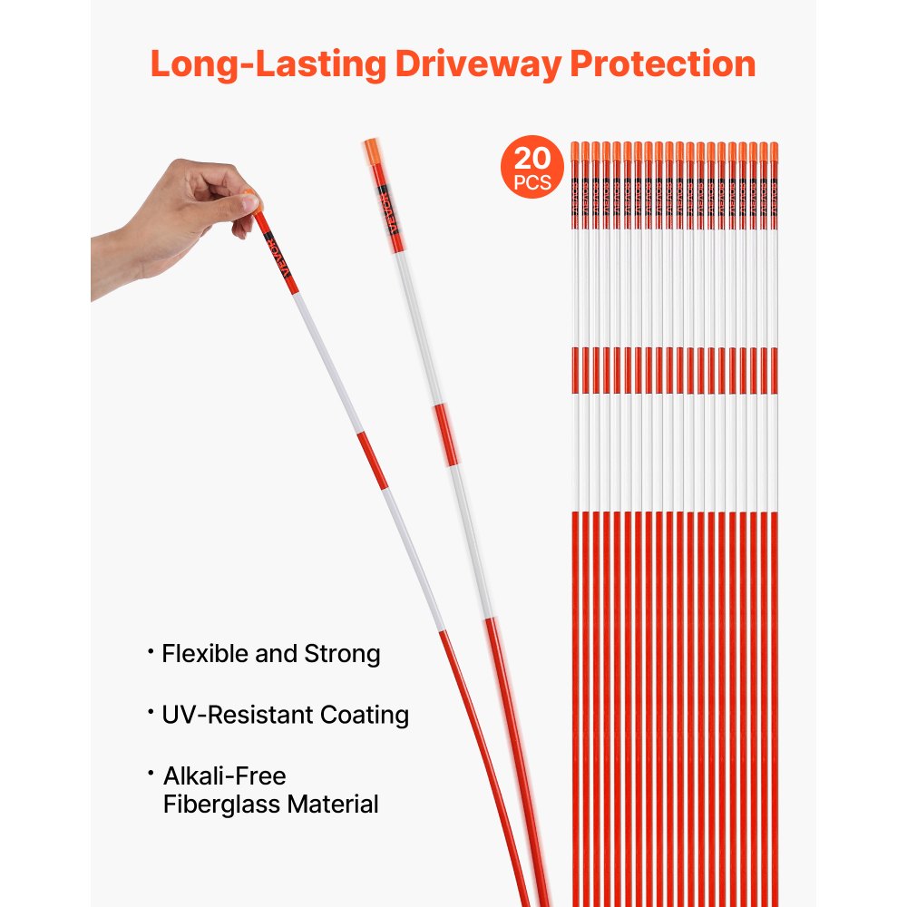 VEVOR Driveway Markers, 20Pcs 58 in Long 5/16 in Dia, Hi-Visibility Driveway Reflectors with 12 in Steel Drill Bits, Reflective Snow Sticks Fiberglass Pole for Parking Lots, Walkways, Snow Plowing