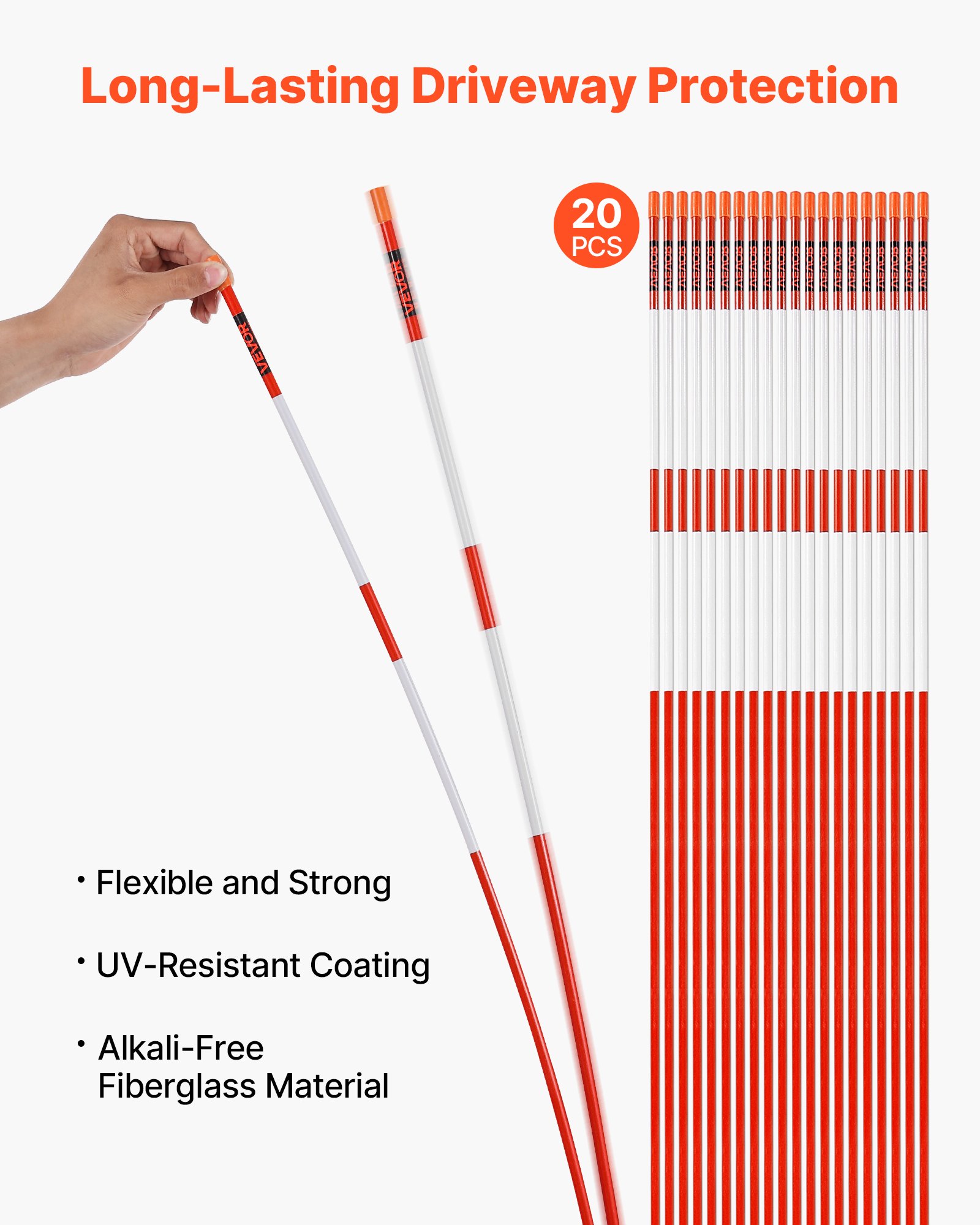 VEVOR Driveway Markers, 20Pcs 58 in Long 5/16 in Dia, Hi-Visibility Driveway Reflectors with 12 in Steel Drill Bits, Reflective Snow Sticks Fiberglass Pole for Parking Lots, Walkways, Snow Plowing