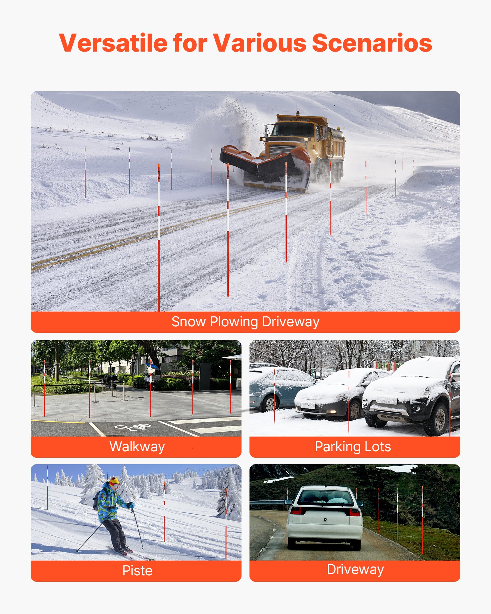 VEVOR Driveway Markers, 20Pcs 58 in Long 5/16 in Dia, Hi-Visibility Driveway Reflectors with 12 in Steel Drill Bits, Reflective Snow Sticks Fiberglass Pole for Parking Lots, Walkways, Snow Plowing