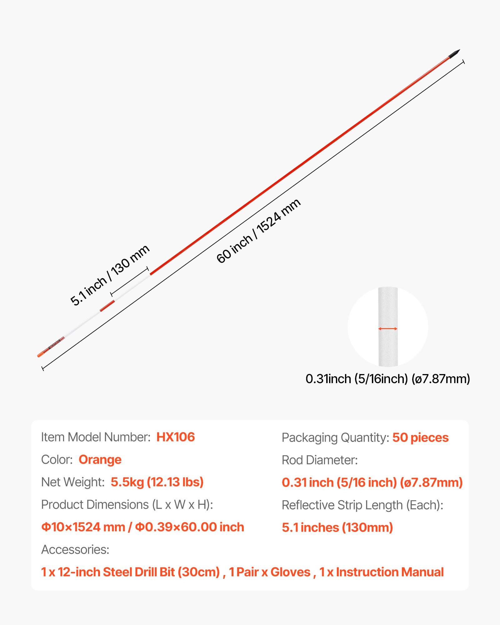 VEVOR sneeuwstokken, 50 stuks, 1524 mm lang, 7,87 mm diameter, opritstokken met 30 cm stalen bits, reflecterende opritmarkering, glasvezelstokken voor parkeerplaatsen, trottoirs, sneeuwruimen