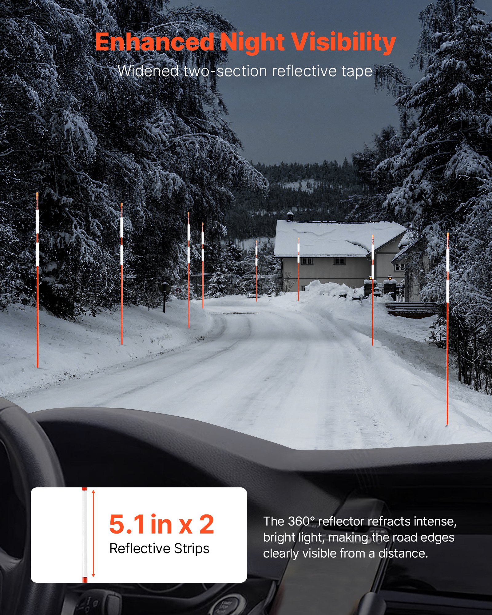 VEVOR sneeuwstokken, 50 stuks, 1524 mm lang, 7,87 mm diameter, opritstokken met 30 cm stalen bits, reflecterende opritmarkering, glasvezelstokken voor parkeerplaatsen, trottoirs, sneeuwruimen
