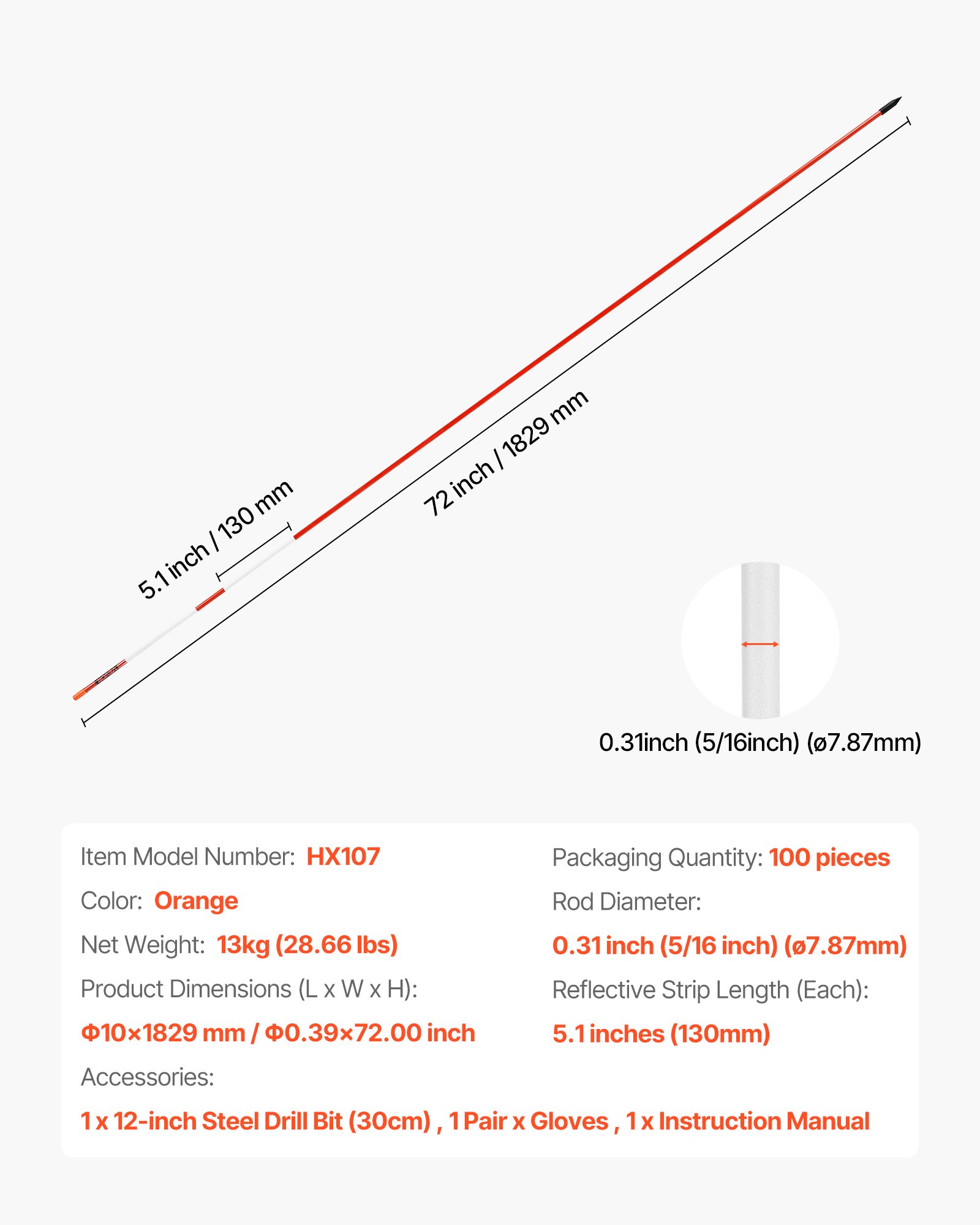 VEVOR Driveway Markers, 100Pcs 72 in Long 5/16 in Dia, Hi-Visibility Driveway Reflectors with 12 in Steel Drill Bits, Reflective Snow Sticks Fiberglass Pole for Parking Lots, Walkways, Snow Plowing