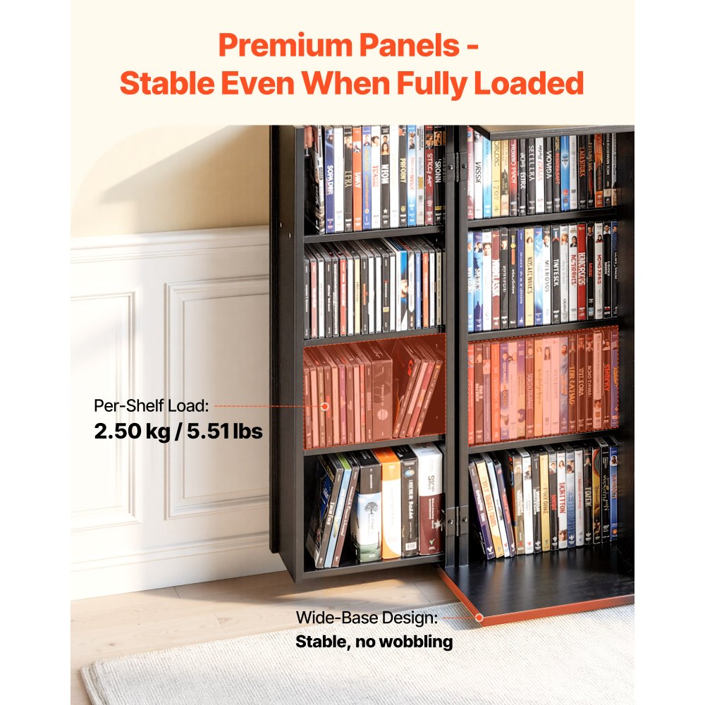 VEVOR dvd-kast met 16 vakken, mediakast, vrijstaande kast 610 x 368 x 846 mm, ruimtebesparende cd-kast voor cd's, dvd's, boeken, game discs, woonkamer, thuiskantoor, opnamestudio, zwart