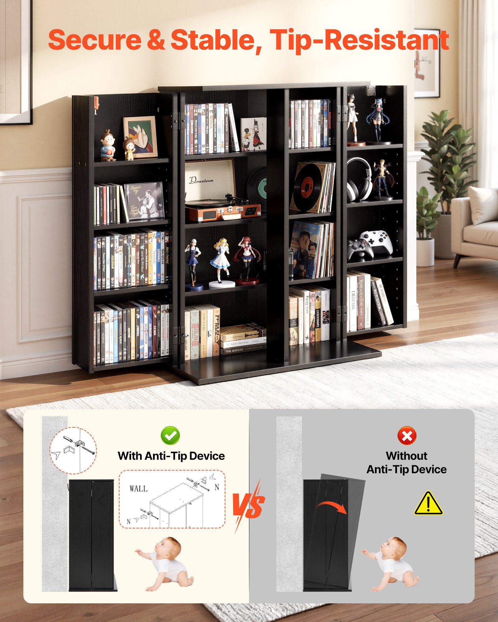 VEVOR dvd-kast met 16 vakken, mediakast, vrijstaande kast 610 x 368 x 846 mm, ruimtebesparende cd-kast voor cd's, dvd's, boeken, game discs, woonkamer, thuiskantoor, opnamestudio, zwart