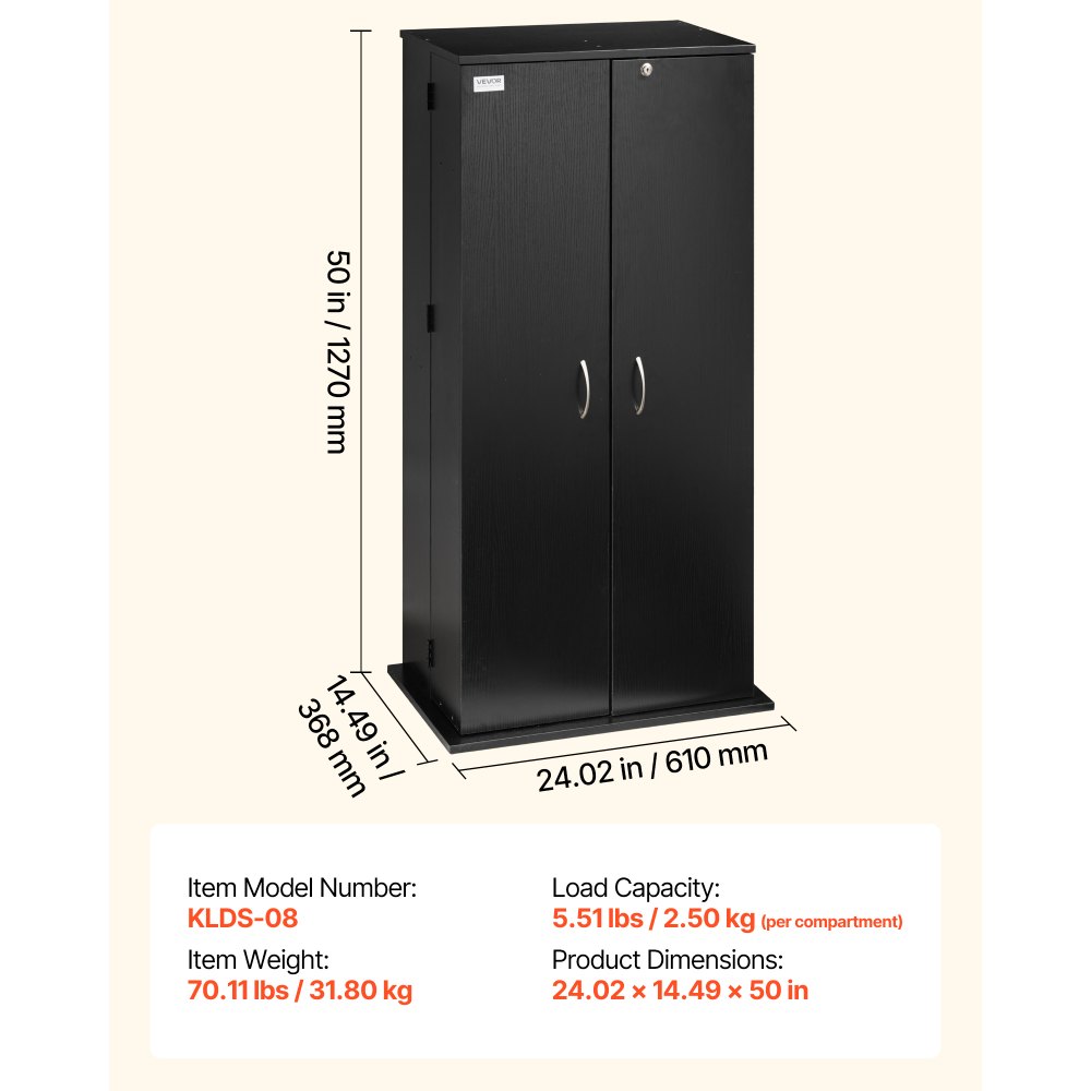VEVOR dvd-kast met 24 vakken, mediakast, vrijstaande kast 610 x 368 x 1270 mm, ruimtebesparende cd-kast voor cd's, dvd's, boeken, game discs, woonkamer, thuiskantoor, opnamestudio, zwart