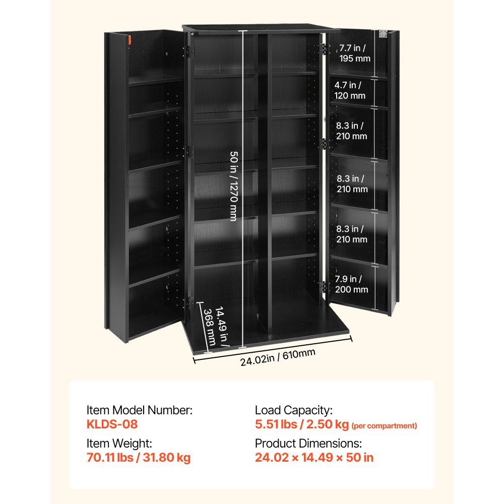 VEVOR dvd-kast met 24 vakken, mediakast, vrijstaande kast 610 x 368 x 1270 mm, ruimtebesparende cd-kast voor cd's, dvd's, boeken, game discs, woonkamer, thuiskantoor, opnamestudio, zwart