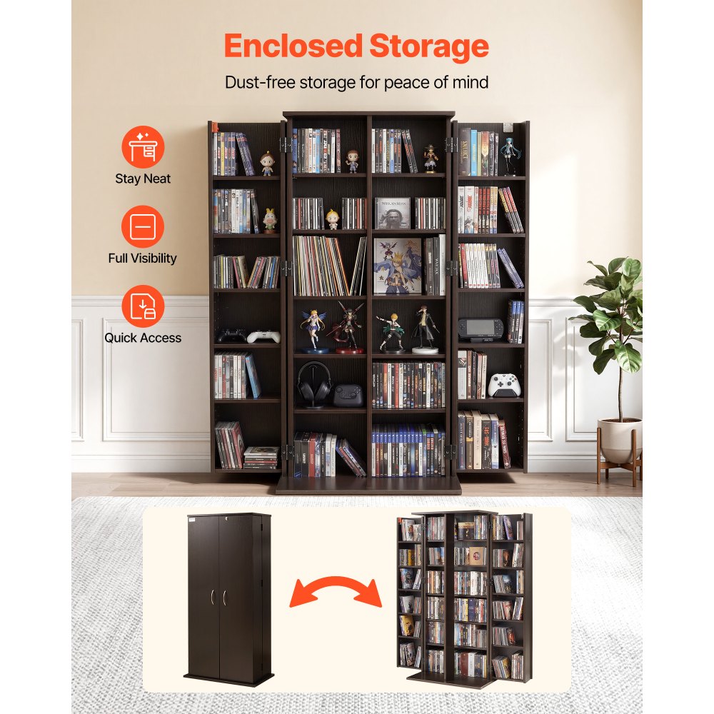 VEVOR dvd-kast met 24 vakken, mediakast, vrijstaande kast 610 x 368 x 1270 mm, ruimtebesparende cd-kast voor cd's, dvd's, boeken, game discs, woonkamer, thuiskantoor, opnamestudio, zwart