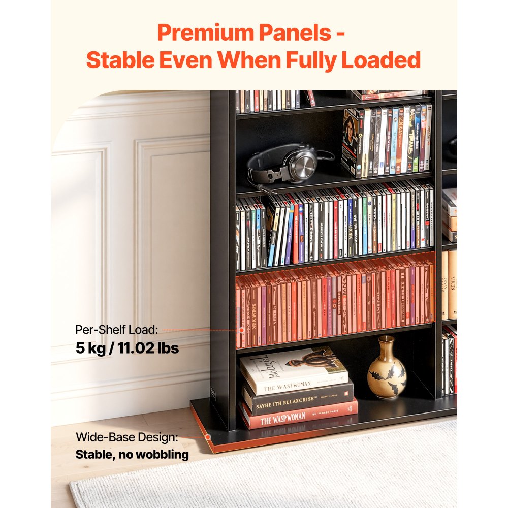 VEVOR dvd-rek met 24 vakken (8 niveaus), mediaplank, vrijstaand rek 142 x 22 x 130 cm, ruimtebesparend opbergrek voor cd's, dvd's, boeken, game discs, boekenplank voor woonkamer/thuiskantoor, zwart