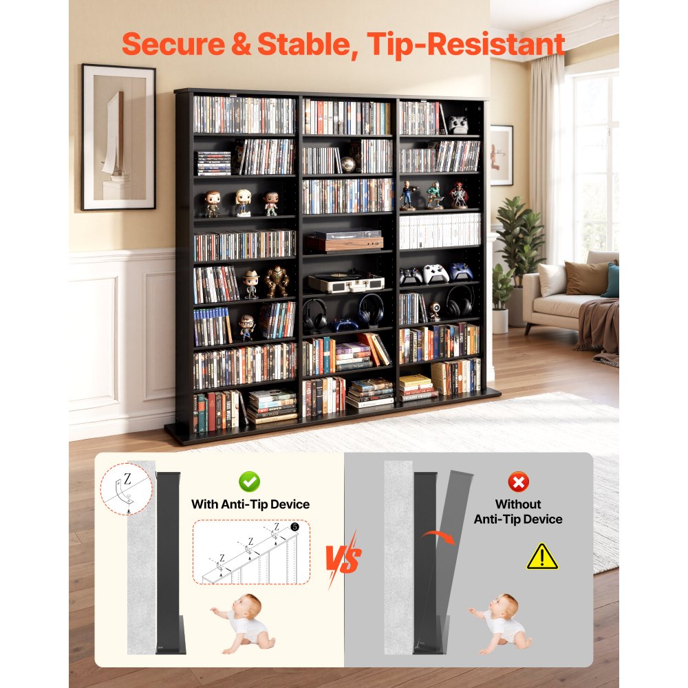 VEVOR dvd-rek met 24 vakken (8 niveaus), mediaplank, vrijstaand rek 142 x 22 x 130 cm, ruimtebesparend opbergrek voor cd's, dvd's, boeken, game discs, boekenplank voor woonkamer/thuiskantoor, zwart