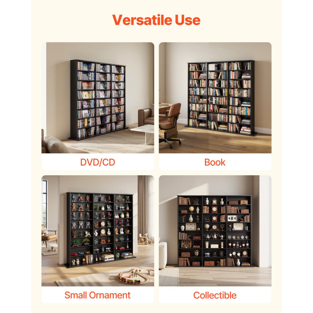 VEVOR dvd-rek met 24 vakken (8 niveaus), mediaplank, vrijstaand rek 142 x 22 x 130 cm, ruimtebesparend opbergrek voor cd's, dvd's, boeken, game discs, boekenplank voor woonkamer/thuiskantoor, zwart