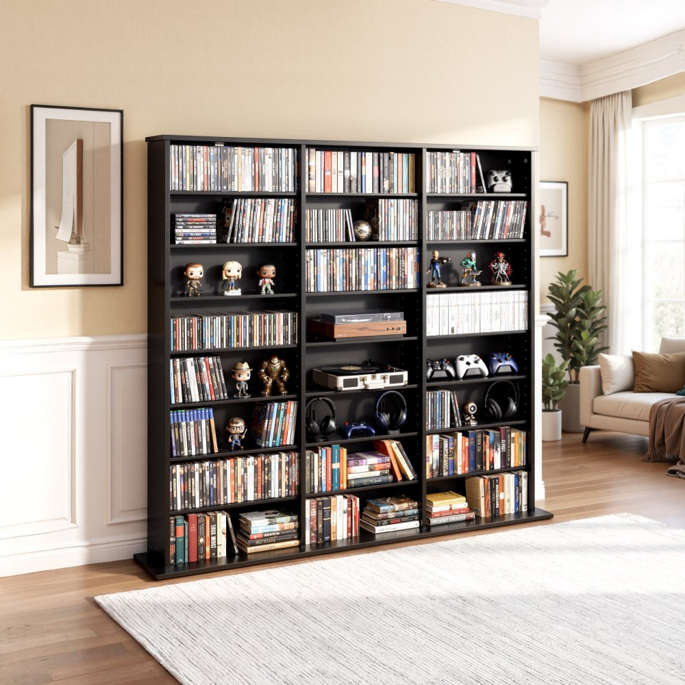 VEVOR dvd-rek met 24 vakken (8 niveaus), mediaplank, vrijstaand rek 142 x 22 x 130 cm, ruimtebesparend opbergrek voor cd's, dvd's, boeken, game discs, boekenplank voor woonkamer/thuiskantoor, zwart