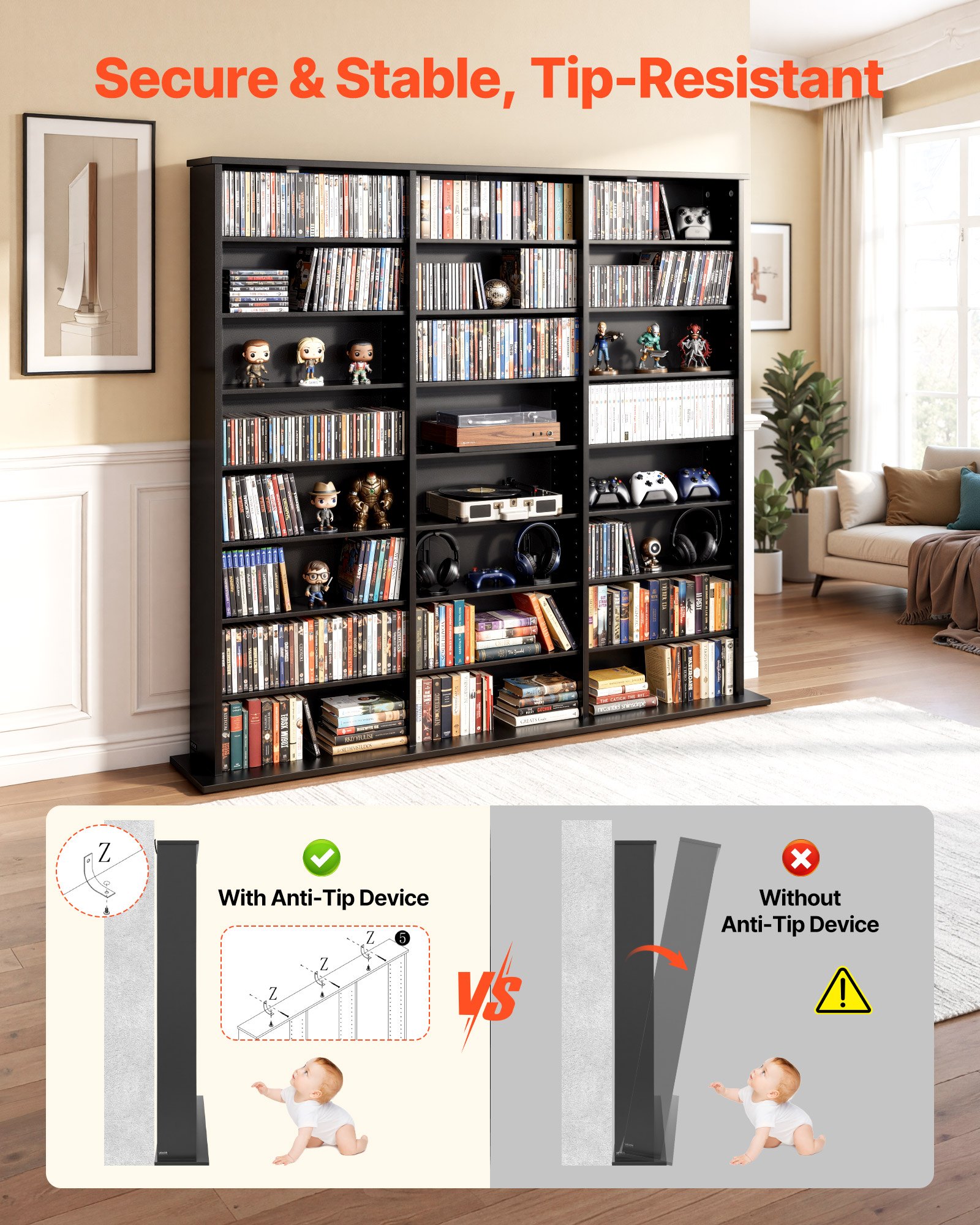 VEVOR dvd-rek met 24 vakken (8 niveaus), mediaplank, vrijstaand rek 142 x 22 x 130 cm, ruimtebesparend opbergrek voor cd's, dvd's, boeken, game discs, boekenplank voor woonkamer/thuiskantoor, zwart