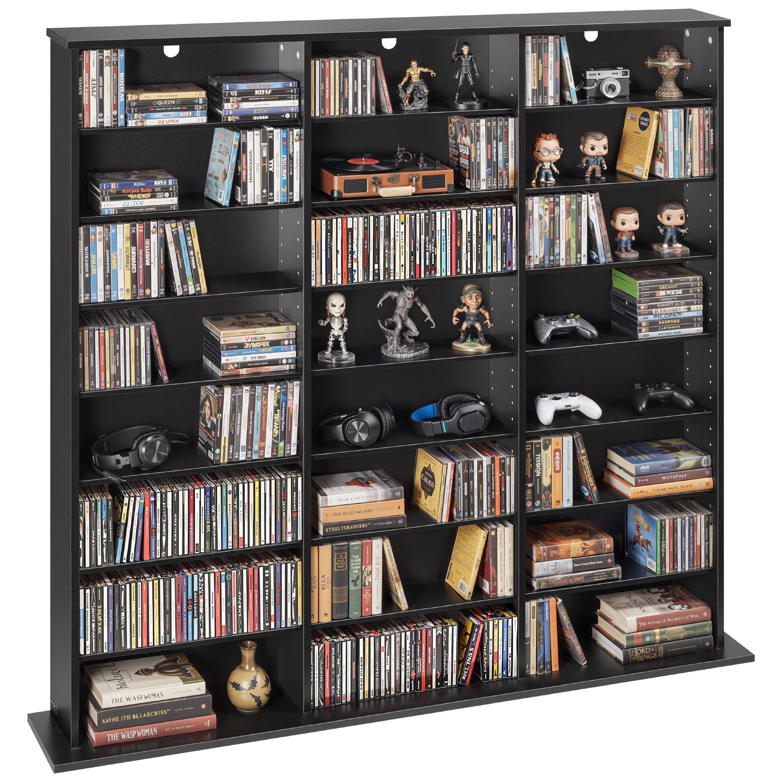 VEVOR dvd-rek met 24 vakken (8 niveaus), mediaplank, vrijstaand rek 142 x 22 x 130 cm, ruimtebesparend opbergrek voor cd's, dvd's, boeken, game discs, boekenplank voor woonkamer/thuiskantoor, zwart