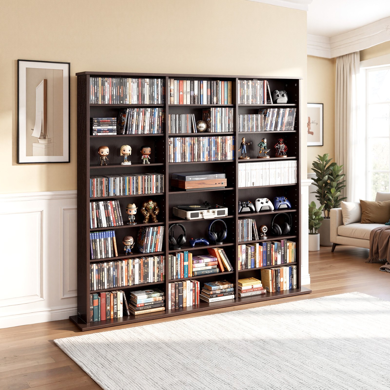 VEVOR dvd-rek met 24 vakken (8 niveaus), mediaplank, vrijstaand rek 142 x 22 x 130 cm, ruimtebesparend opbergrek voor cd's, dvd's, boeken, game discs, boekenplank voor woonkamer/thuiskantoor, bruin