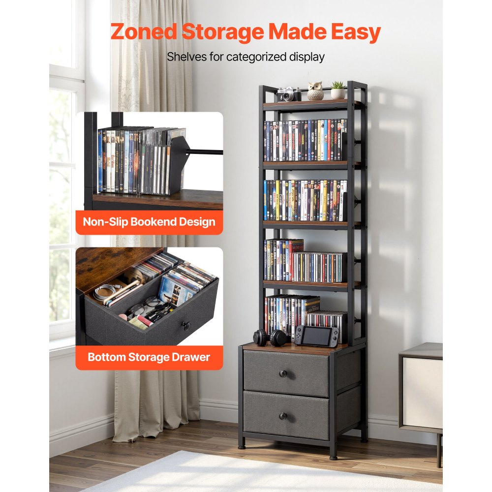 VEVOR dvd-rek met 4 planken en 2 lades, mediaplank, vrijstaand rek 400 x 300 x 1435 mm, ruimtebesparend opbergrek voor cd's, dvd's, boeken, game discs, woonkamer, thuiskantoor, zwart