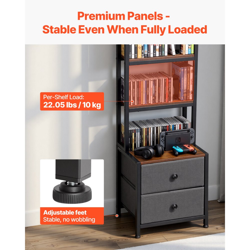 VEVOR dvd-rek met 4 planken en 2 lades, mediaplank, vrijstaand rek 400 x 300 x 1435 mm, ruimtebesparend opbergrek voor cd's, dvd's, boeken, game discs, woonkamer, thuiskantoor, zwart