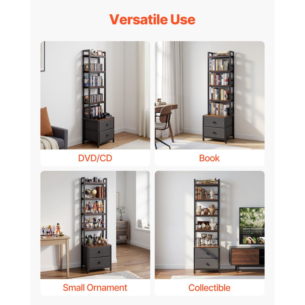 VEVOR dvd-rek met 4 planken en 2 lades, mediaplank, vrijstaand rek 400 x 300 x 1435 mm, ruimtebesparend opbergrek voor cd's, dvd's, boeken, game discs, woonkamer, thuiskantoor, zwart