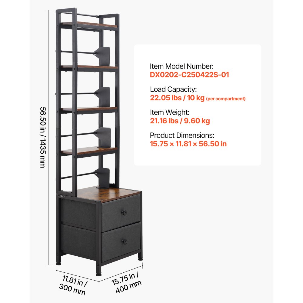 VEVOR dvd-rek met 4 planken en 2 lades, mediaplank, vrijstaand rek 400 x 300 x 1435 mm, ruimtebesparend opbergrek voor cd's, dvd's, boeken, game discs, woonkamer, thuiskantoor, zwart