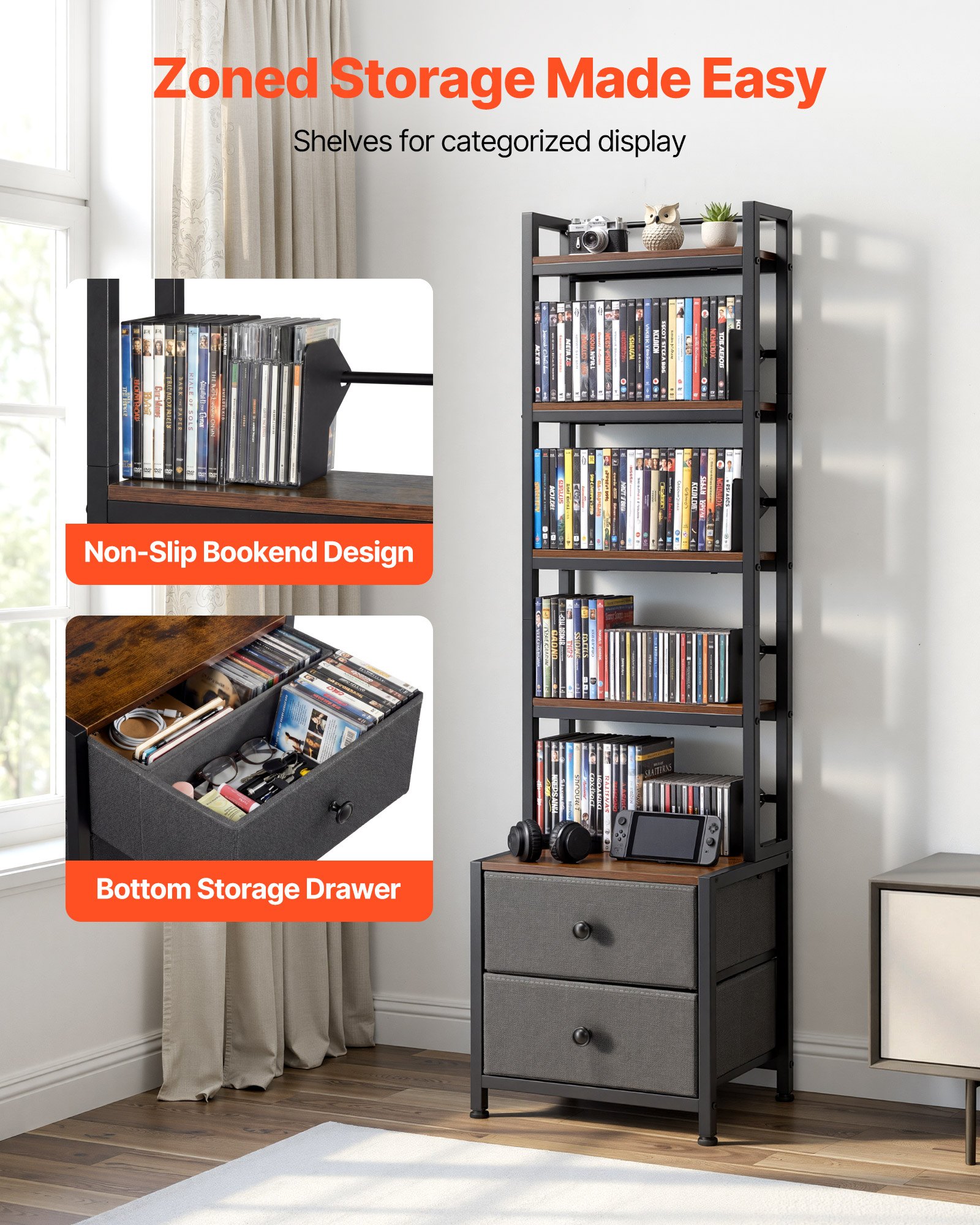 VEVOR dvd-rek met 4 planken en 2 lades, mediaplank, vrijstaand rek 400 x 300 x 1435 mm, ruimtebesparend opbergrek voor cd's, dvd's, boeken, game discs, woonkamer, thuiskantoor, zwart