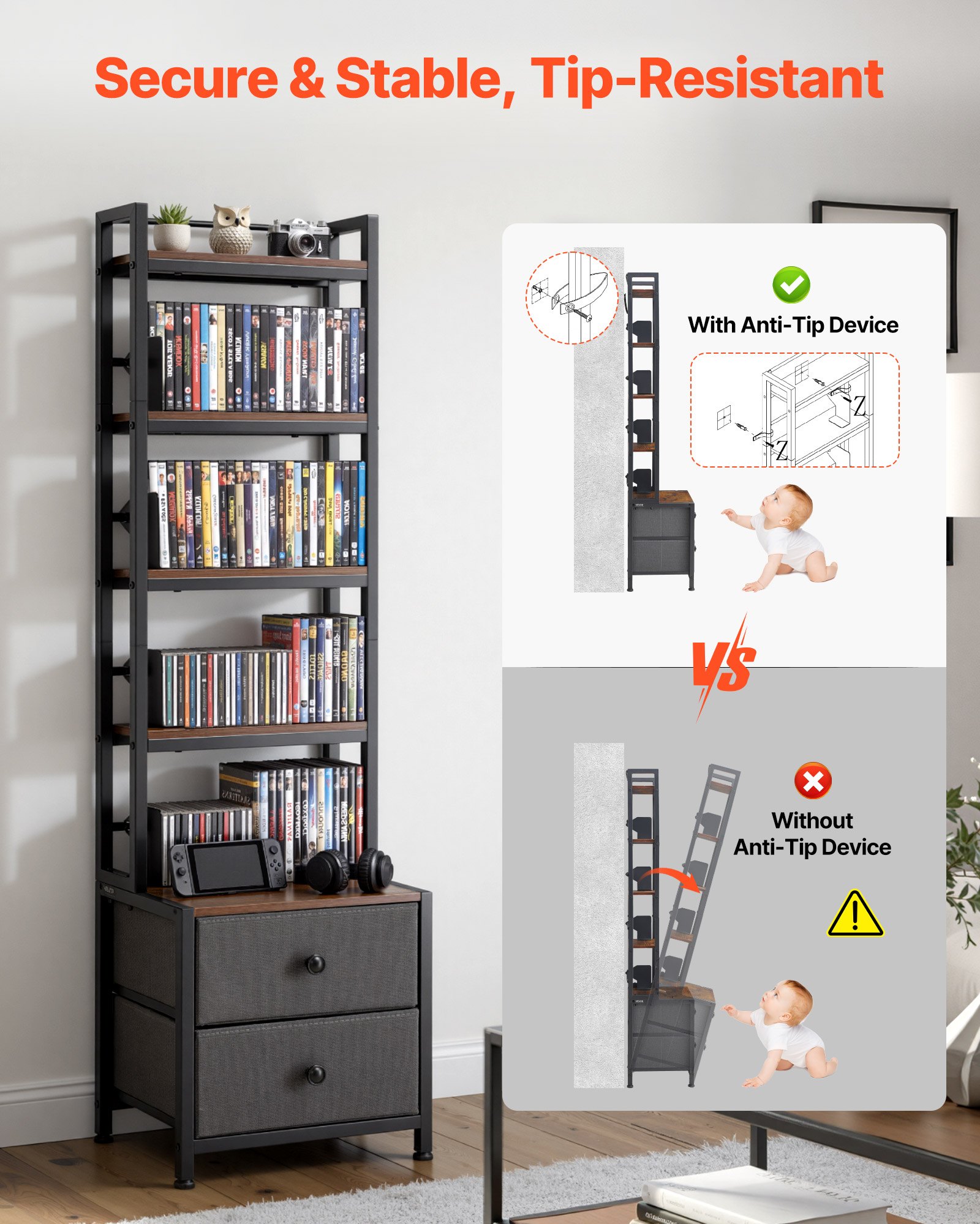 VEVOR dvd-rek met 4 planken en 2 lades, mediaplank, vrijstaand rek 400 x 300 x 1435 mm, ruimtebesparend opbergrek voor cd's, dvd's, boeken, game discs, woonkamer, thuiskantoor, zwart