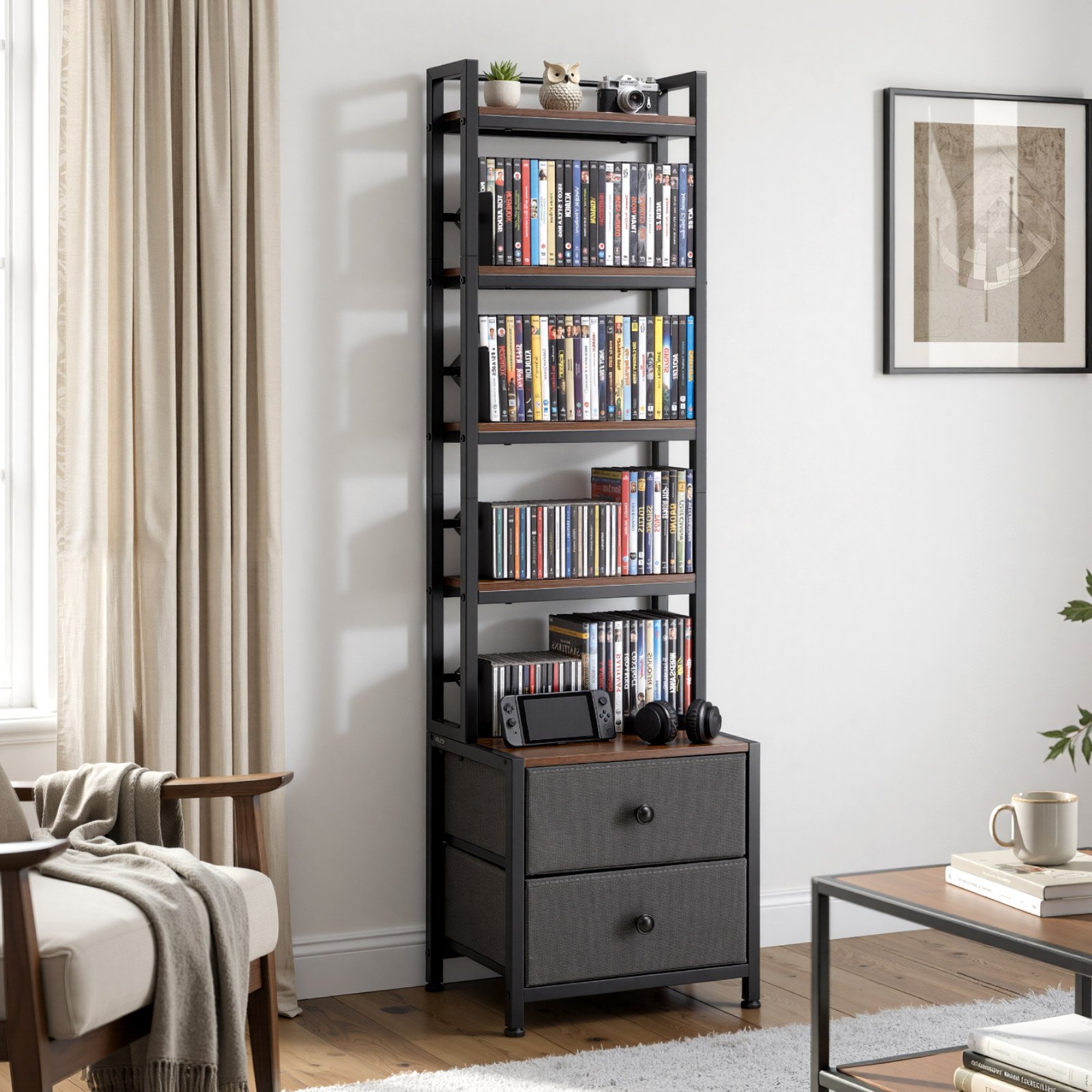 VEVOR dvd-rek met 4 planken en 2 lades, mediaplank, vrijstaand rek 400 x 300 x 1435 mm, ruimtebesparend opbergrek voor cd's, dvd's, boeken, game discs, woonkamer, thuiskantoor, zwart
