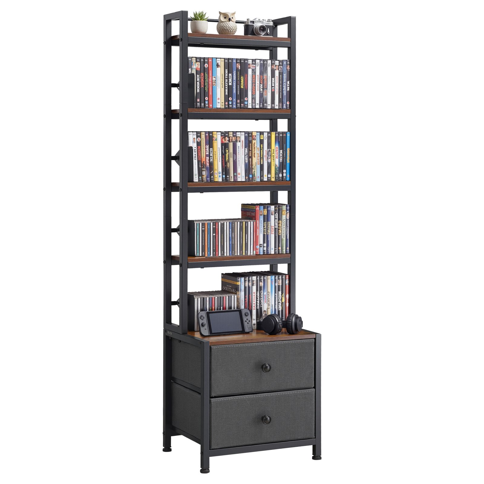 VEVOR dvd-rek met 4 planken en 2 lades, mediaplank, vrijstaand rek 400 x 300 x 1435 mm, ruimtebesparend opbergrek voor cd's, dvd's, boeken, game discs, woonkamer, thuiskantoor, zwart