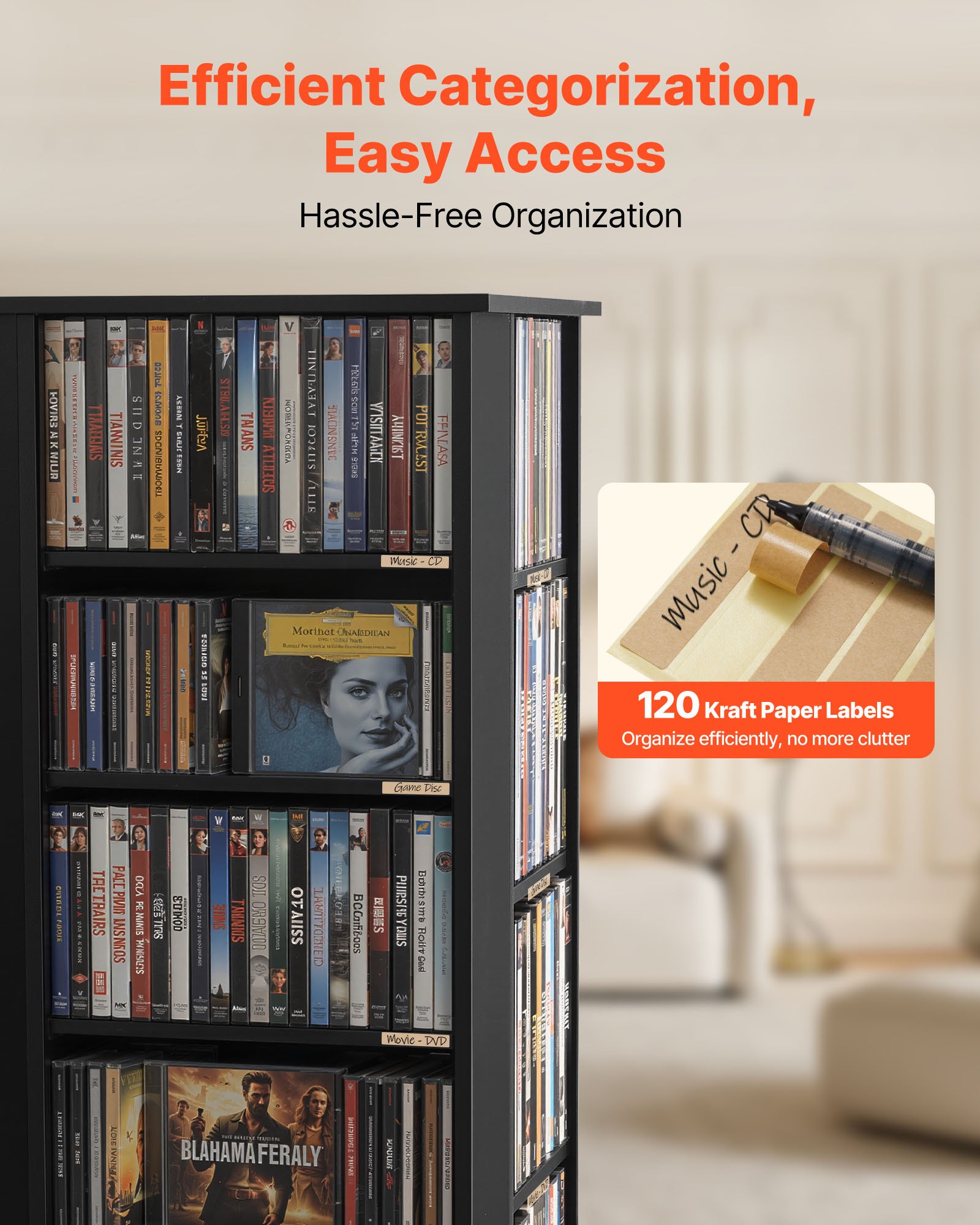 VEVOR draaibare dvd-plank met 34 vakken, verstelbare mediaplank, vrijstaande plank 475 x 475 x 1636 mm, ruimtebesparende opbergplank voor cd's, dvd's, boeken, game discs, woonkamer, thuiskantoor, zwart