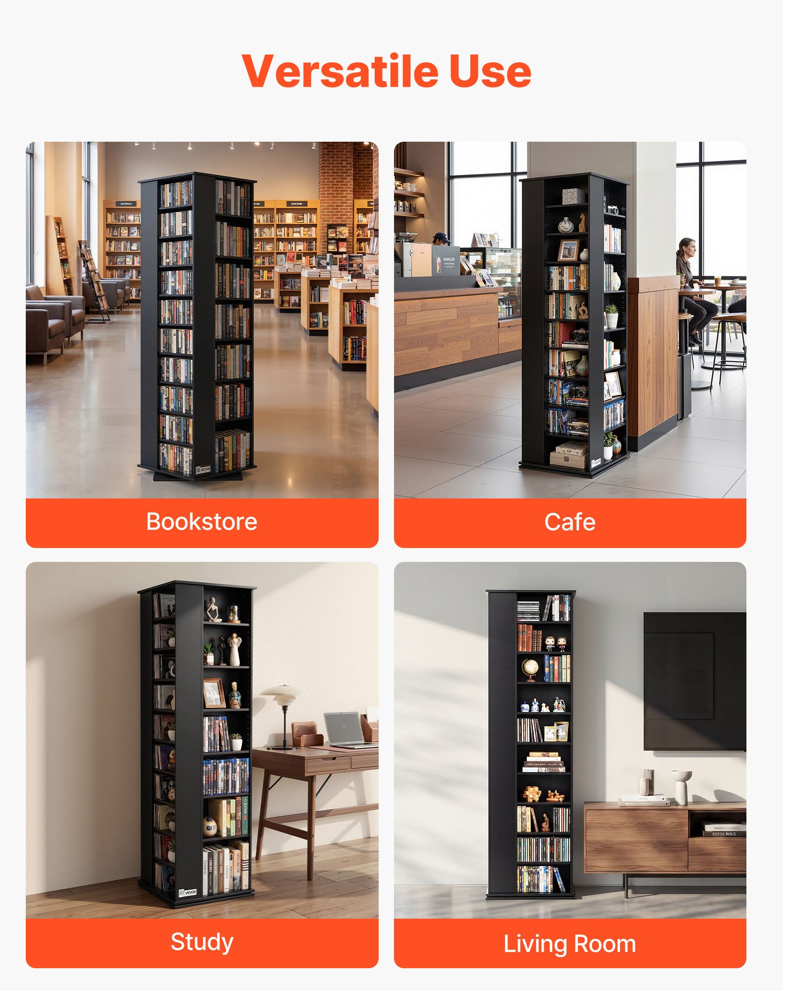 VEVOR draaibare dvd-plank met 34 vakken, verstelbare mediaplank, vrijstaande plank 475 x 475 x 1636 mm, ruimtebesparende opbergplank voor cd's, dvd's, boeken, game discs, woonkamer, thuiskantoor, zwart