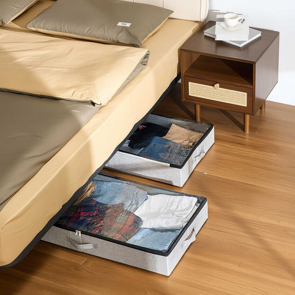 VEVOR Under Bed Storage with Clear Lids, 33.5 x 16.9 x 4.7 Inch, 45L Large Underbed Clothes Storage Containers, Low Profile Under Bed Drawer Shoe Organizer Bins Box for Blanket Shoe Bedroom, 2 Pack