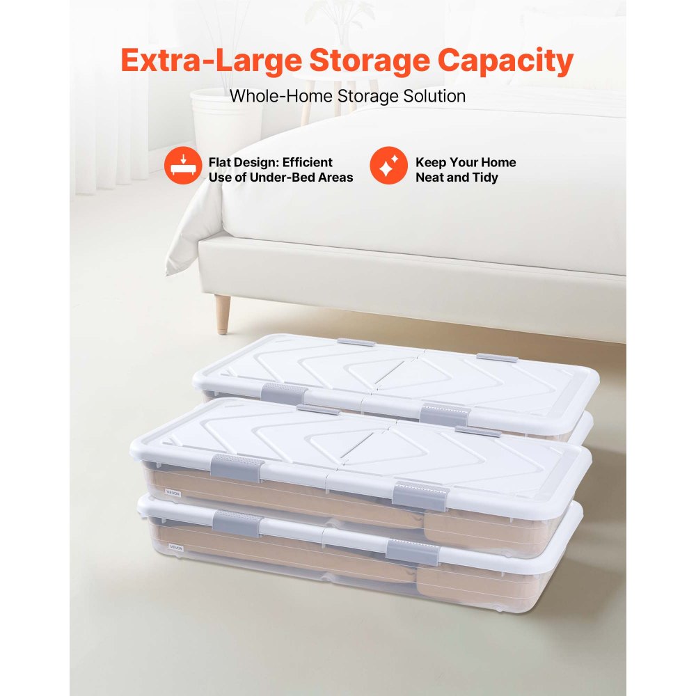 VEVOR Under Bed Storage with Wheels, 31.7 x 15.6 x 6.9 inch Underbed Containers, Underbed Shoes Organizer with Lid & Gray Latch, Rolling Under the Bed Storage Bins for Clothes Shoes Blankets, 4 Pack