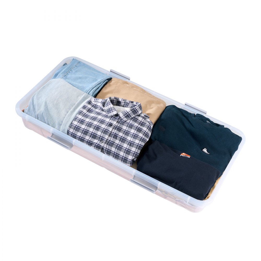 VEVOR Under Bed Storage with Wheels, 31.7 x 15.6 x 6.9 inch Underbed Containers, Underbed Shoes Organizer with Lid & Gray Latch, Rolling Under the Bed Storage Bins for Clothes Shoes Blankets, 4 Pack