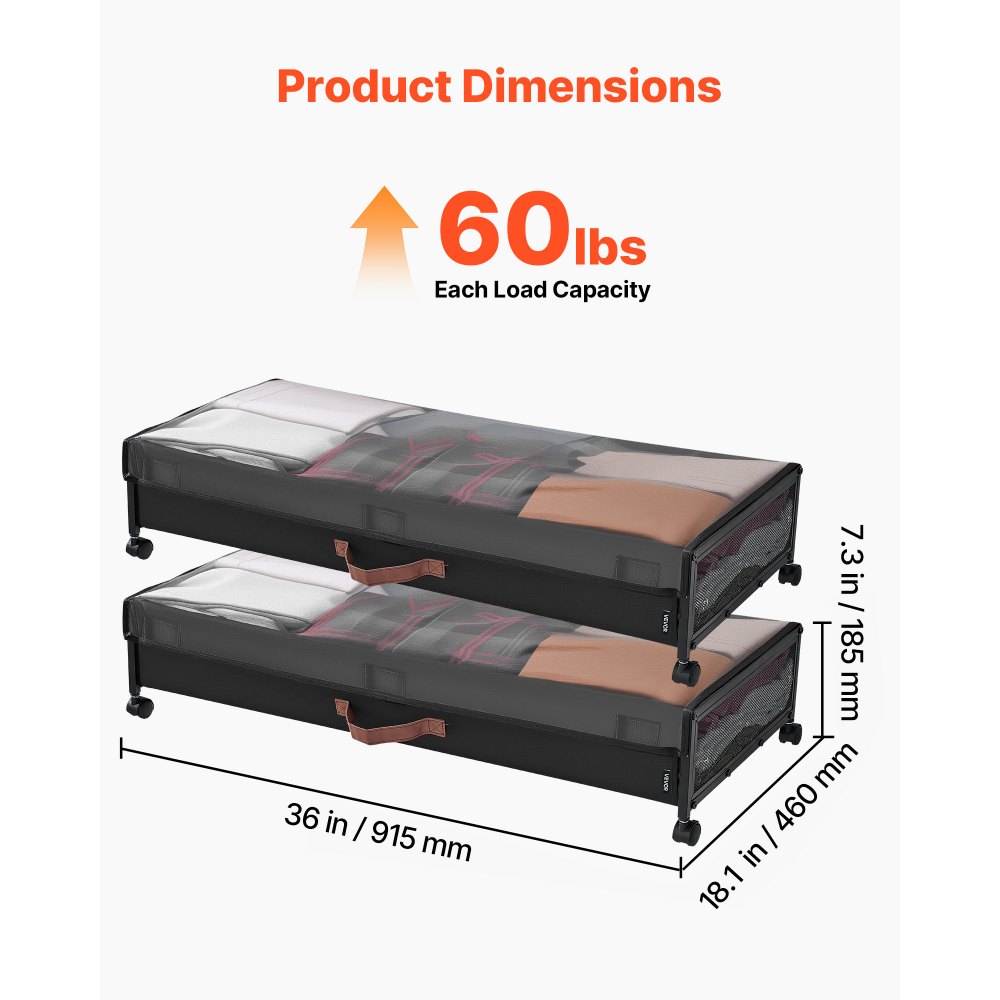 VEVOR Under Bed Storage with Wheels, 36.0 x 18.1 x 7.3 inch, Underbed Containers with Clear Lid, Underbed Shoe Organizer, Rolling Under the Bed Storage Bins for Clothes Shoes Blankets Bedroom, 2 Pack