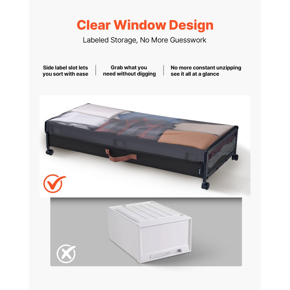 VEVOR Under Bed Storage with Wheels, 36.0 x 18.1 x 7.3 inch, Underbed Containers with Clear Lid, Underbed Shoe Organizer, Rolling Under the Bed Storage Bins for Clothes Shoes Blankets Bedroom, 2 Pack