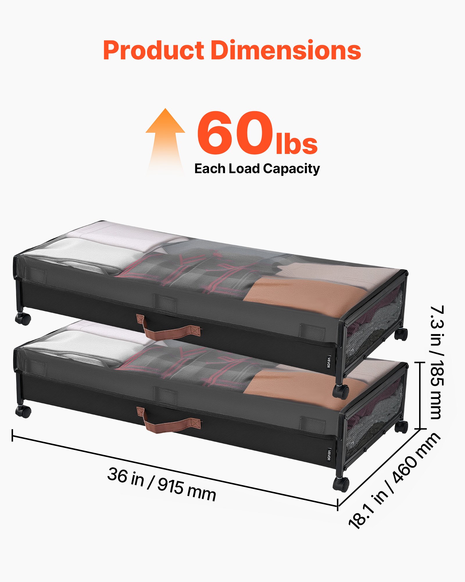 VEVOR Under Bed Storage with Wheels, 36.0 x 18.1 x 7.3 inch, Underbed Containers with Clear Lid, Underbed Shoe Organizer, Rolling Under the Bed Storage Bins for Clothes Shoes Blankets Bedroom, 2 Pack