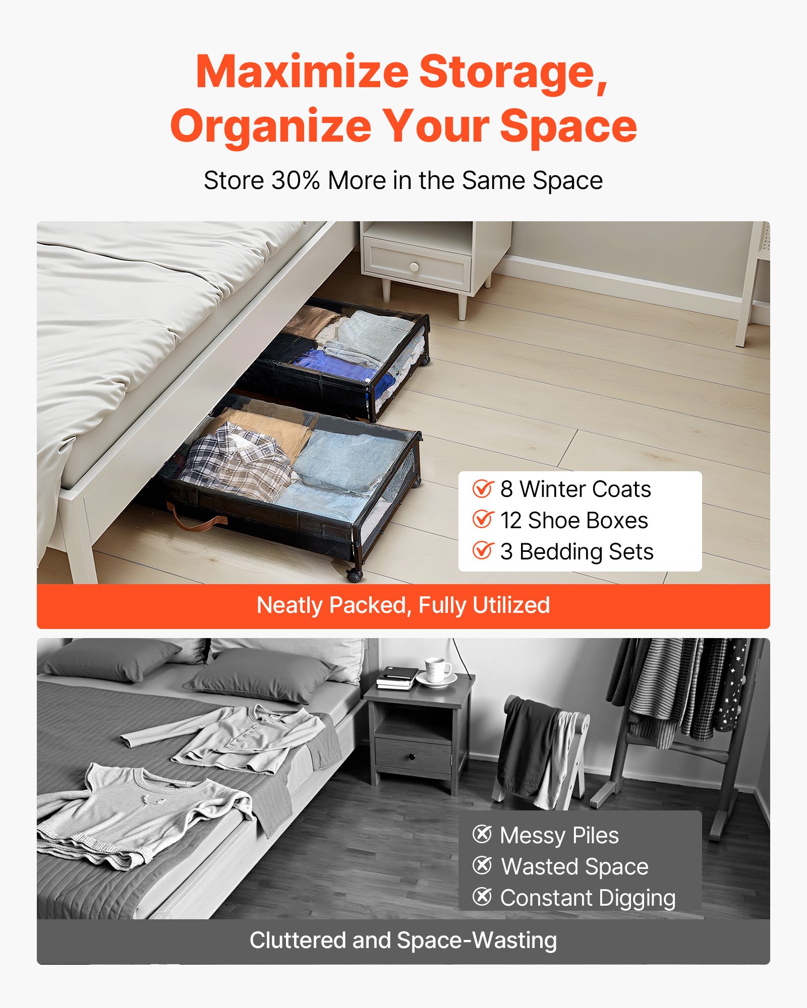 VEVOR Under Bed Storage with Wheels, 36.0 x 18.1 x 7.3 inch, Underbed Containers with Clear Lid, Underbed Shoe Organizer, Rolling Under the Bed Storage Bins for Clothes Shoes Blankets Bedroom, 2 Pack