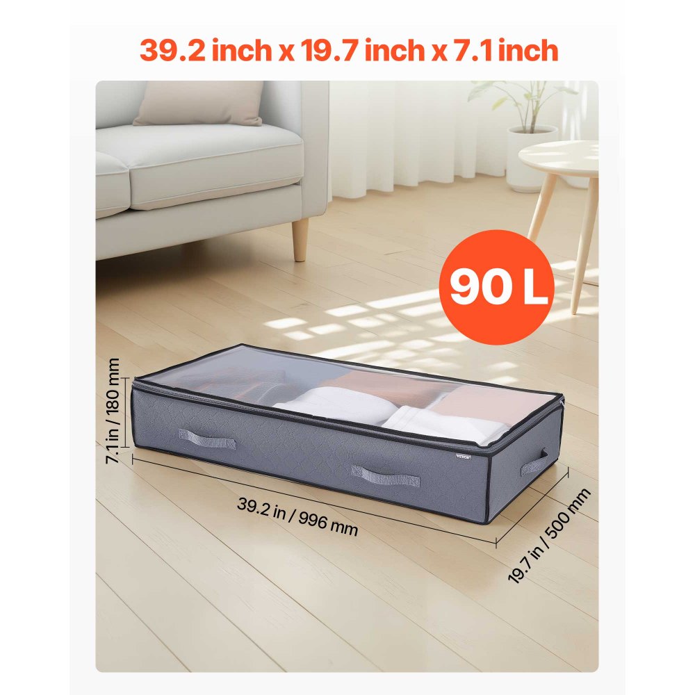 VEVOR Under Bed Storage with Clear Lids, 39.2 x 19.7 x 7.1 Inch, 90L Large Underbed Clothes Storage Containers, Low Profile Under Bed Drawer Shoe Organizer Bins Box for Blanket Shoe Bedroom, 4 Pack