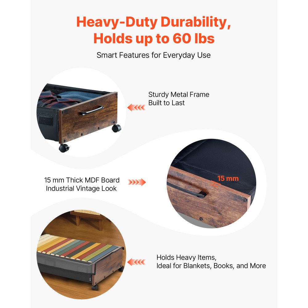 VEVOR Under Bed Storage with Wheels, 25.6 x 18.1 x 7.1 inch Underbed Containers, Underbed Shoes Organizer with Lockable Wheels, Rolling Under the Bed Storage Bins for Clothes, Shoes, Blankets, 2 Pack