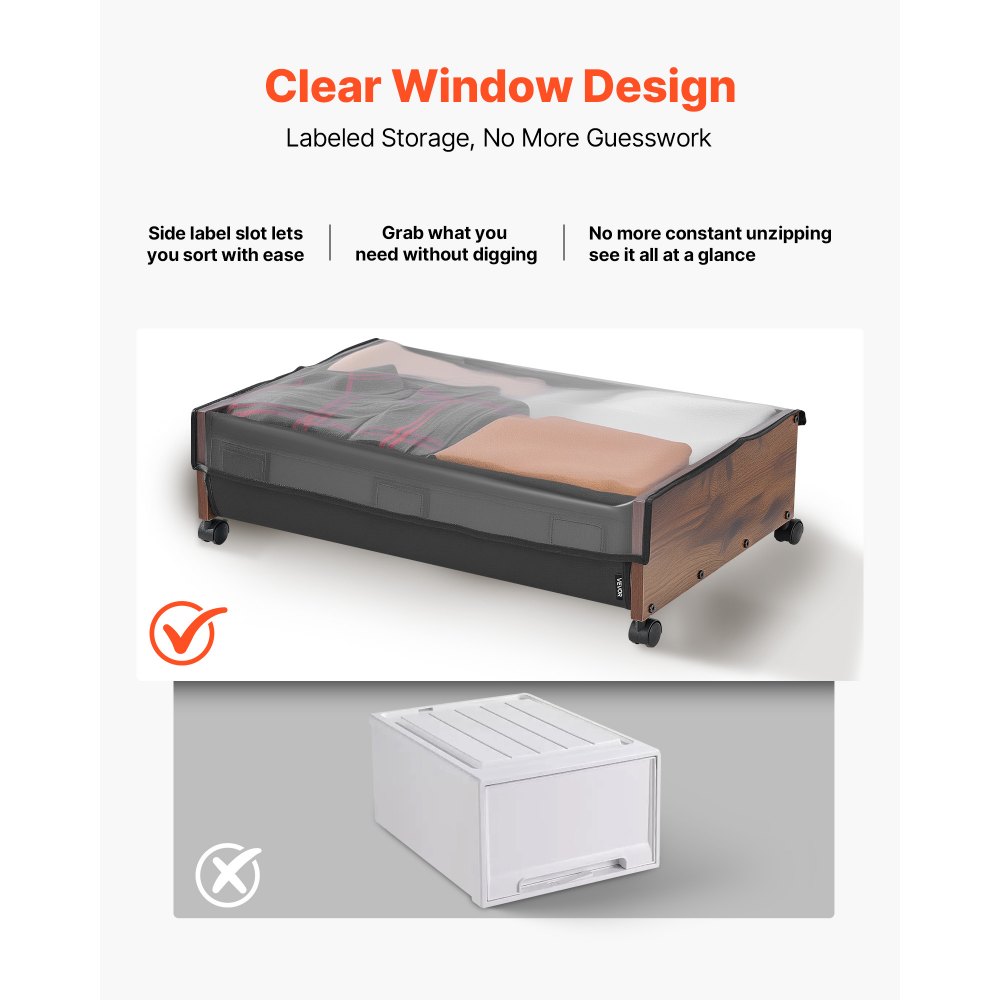 VEVOR Opbergtas voor onder het bed (2 stuks). Oprolbaar (650 x 460 x 180 mm). Onderbedcontainer met vergrendelbare wielen. Mobiele opbergbox voor kleding, schoenen en slaapkamer.