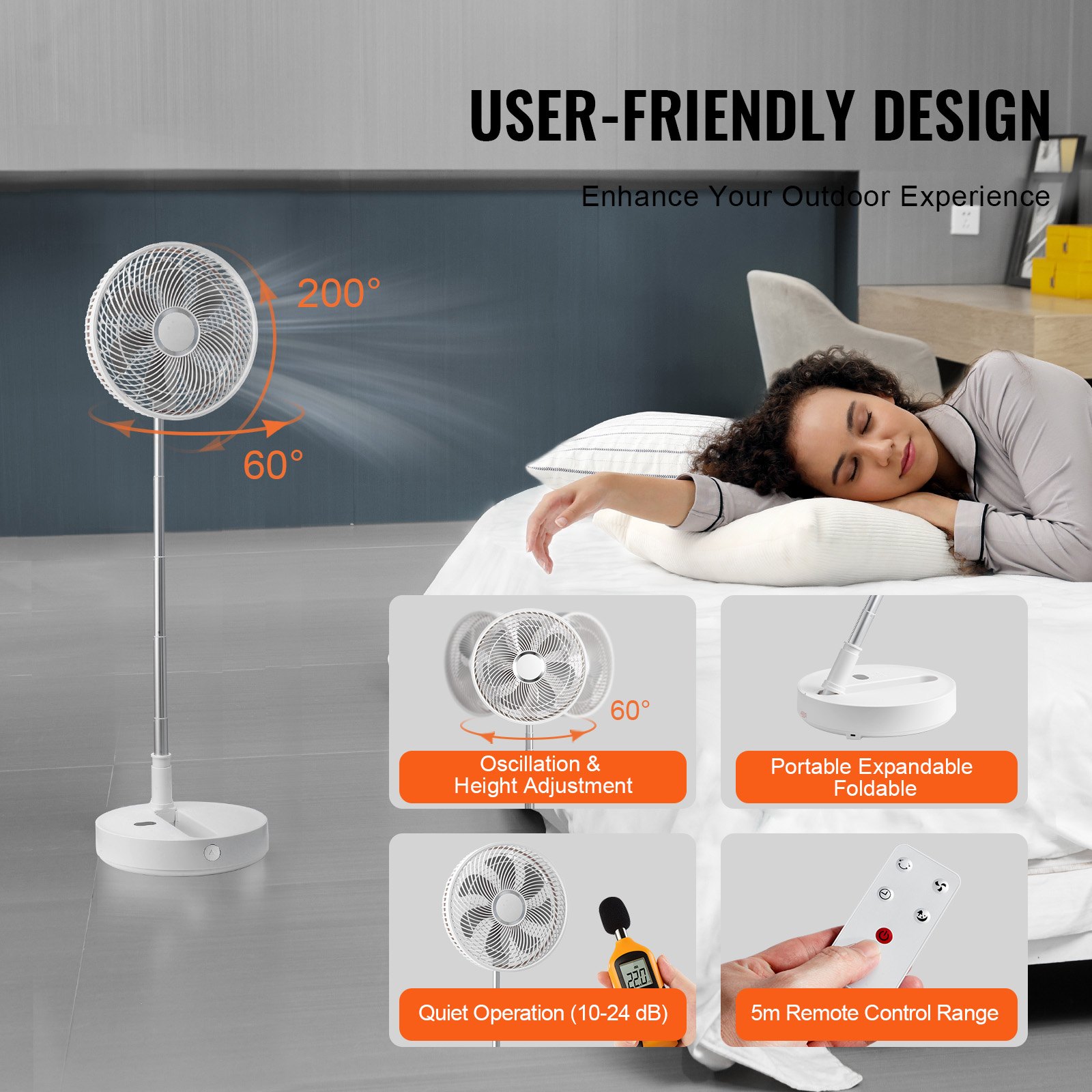 VEVOR 12 inch opvouwbare oscillerende voetstukventilator met afstandsbediening, 4 snelheden verstelbare draagbare stille bureauventilator, 7200 mAh USB oplaadbare kleine ventilator opvouwbaar