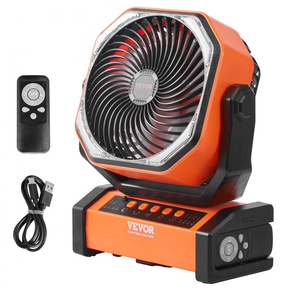 VEVOR Portable Fan Rechargeable 228.6mm, Battery Powered Fan with LED Lantern, 4 Speeds Adjustable & 45°/90°Automatic Swivel & Timer , USB Battery Operated Fans for Travel Bedroom Home Camping Office